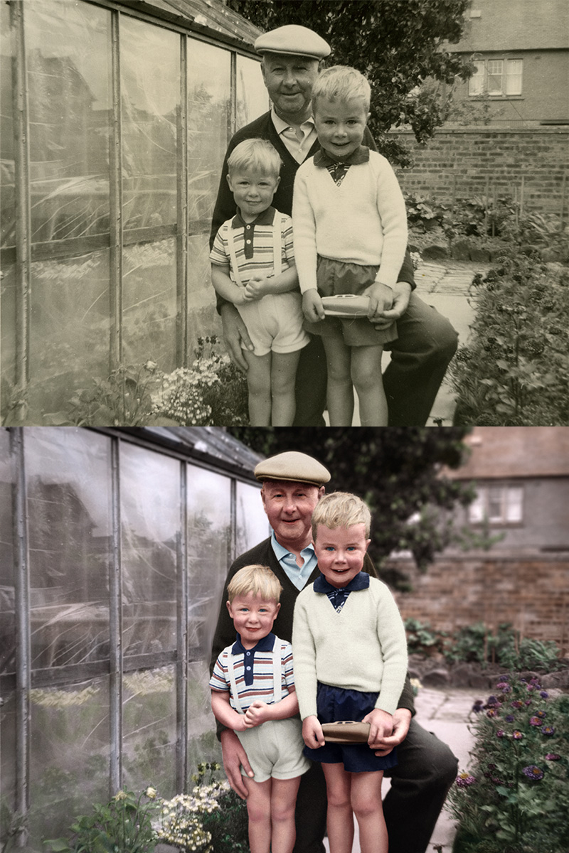 Black and white photo colourised showing before and after