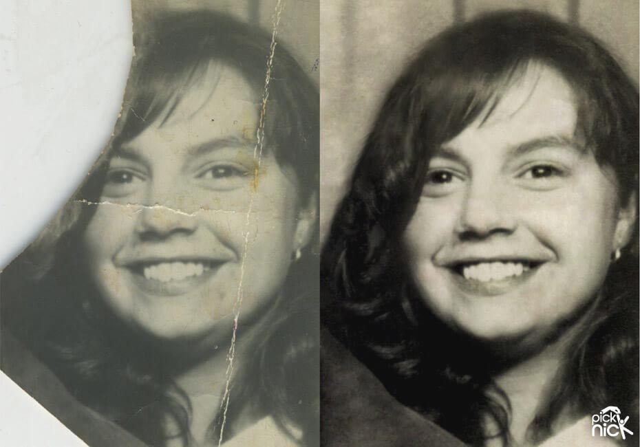 A old photo of a lady with a missing section. Side by side with restored version