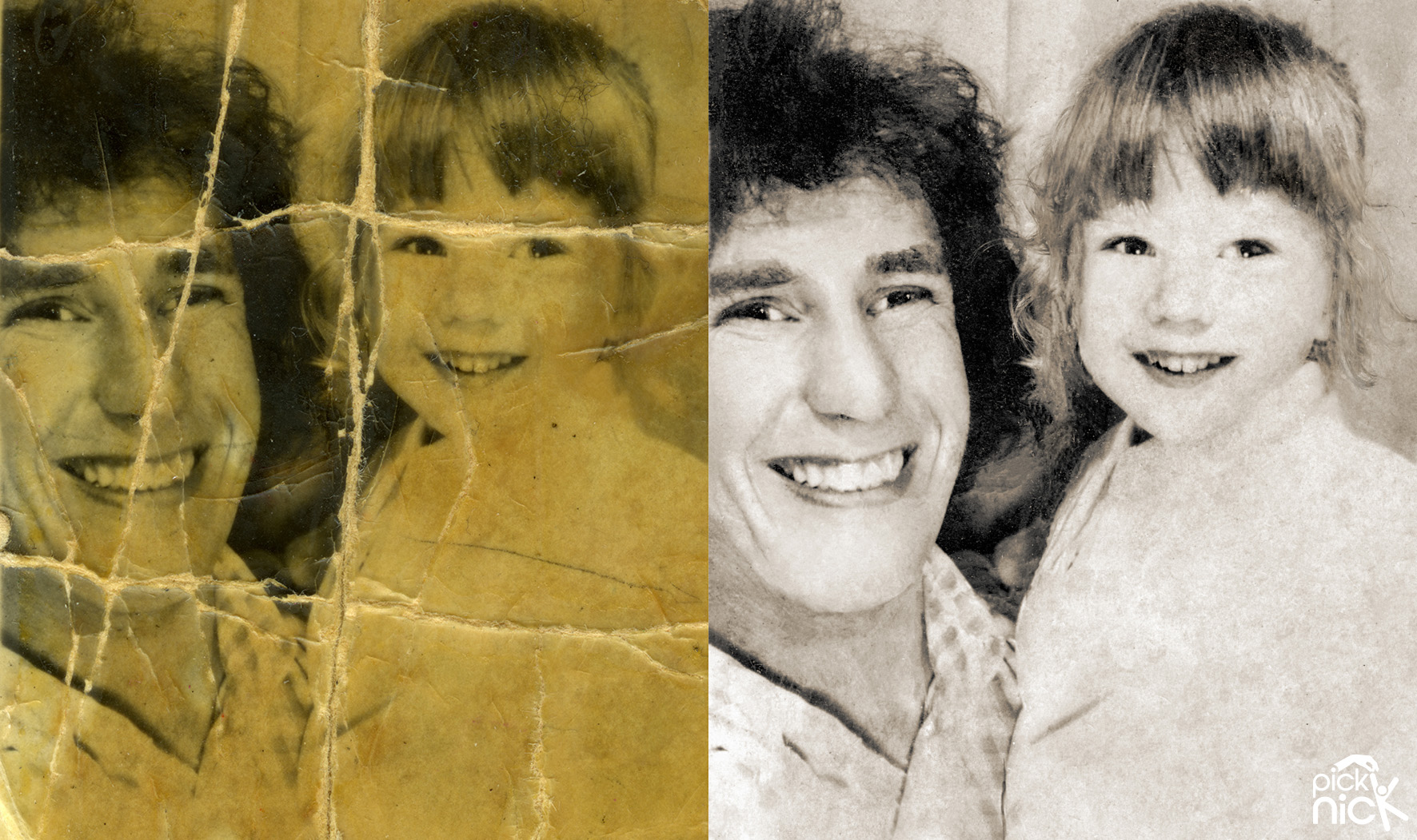 Tiny original photo of Father and Daughter. Restored and enlarged