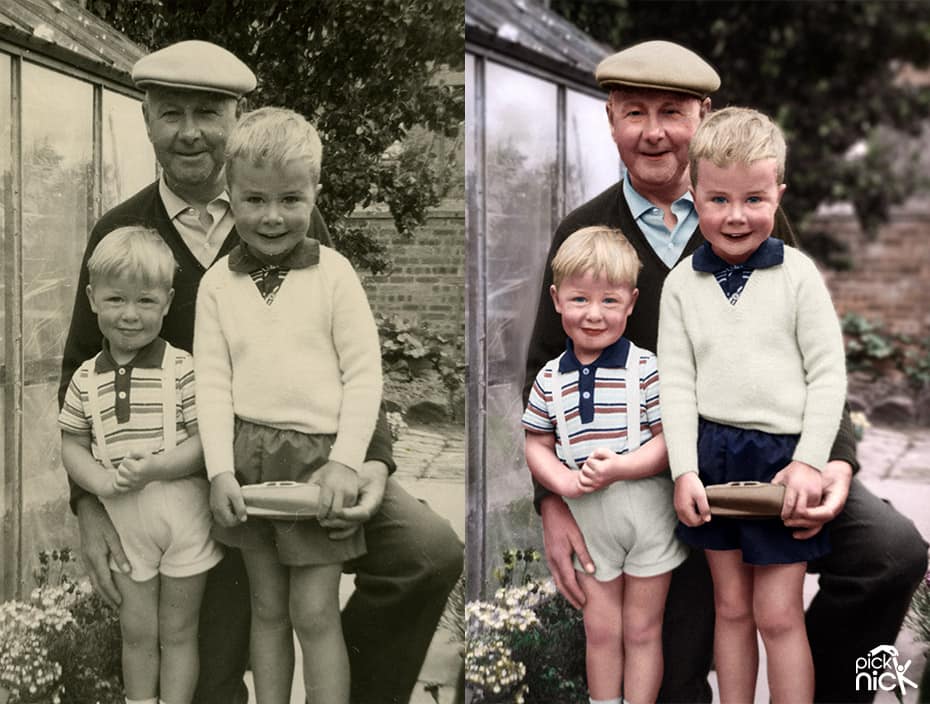 Coloured black & white photo of a Grandad with his Grandchildren