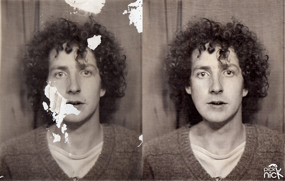 Damaged portrait photo restoration showing before and after