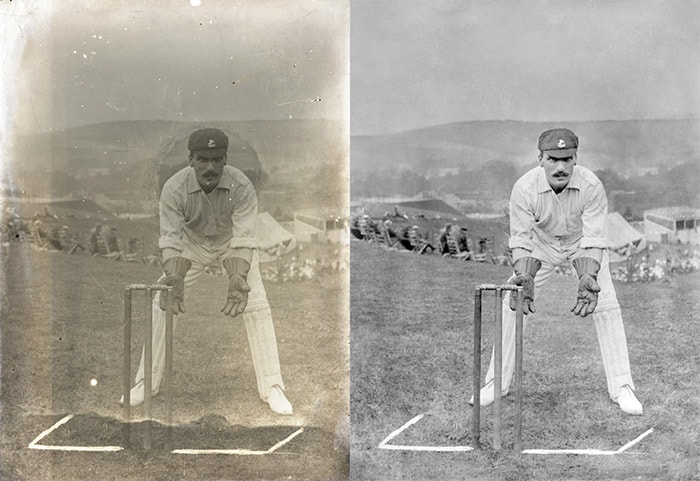 F Hulsh Kent Cricketer. Before and after restoration