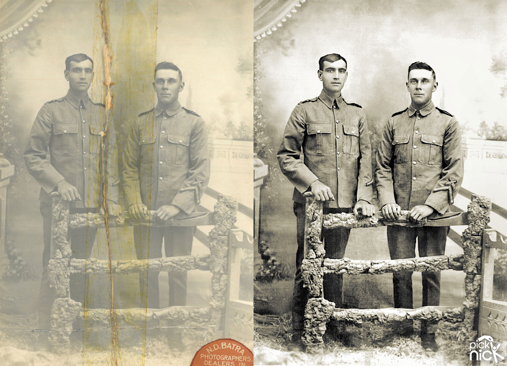 An old photo torn in half, pieced back together and restored