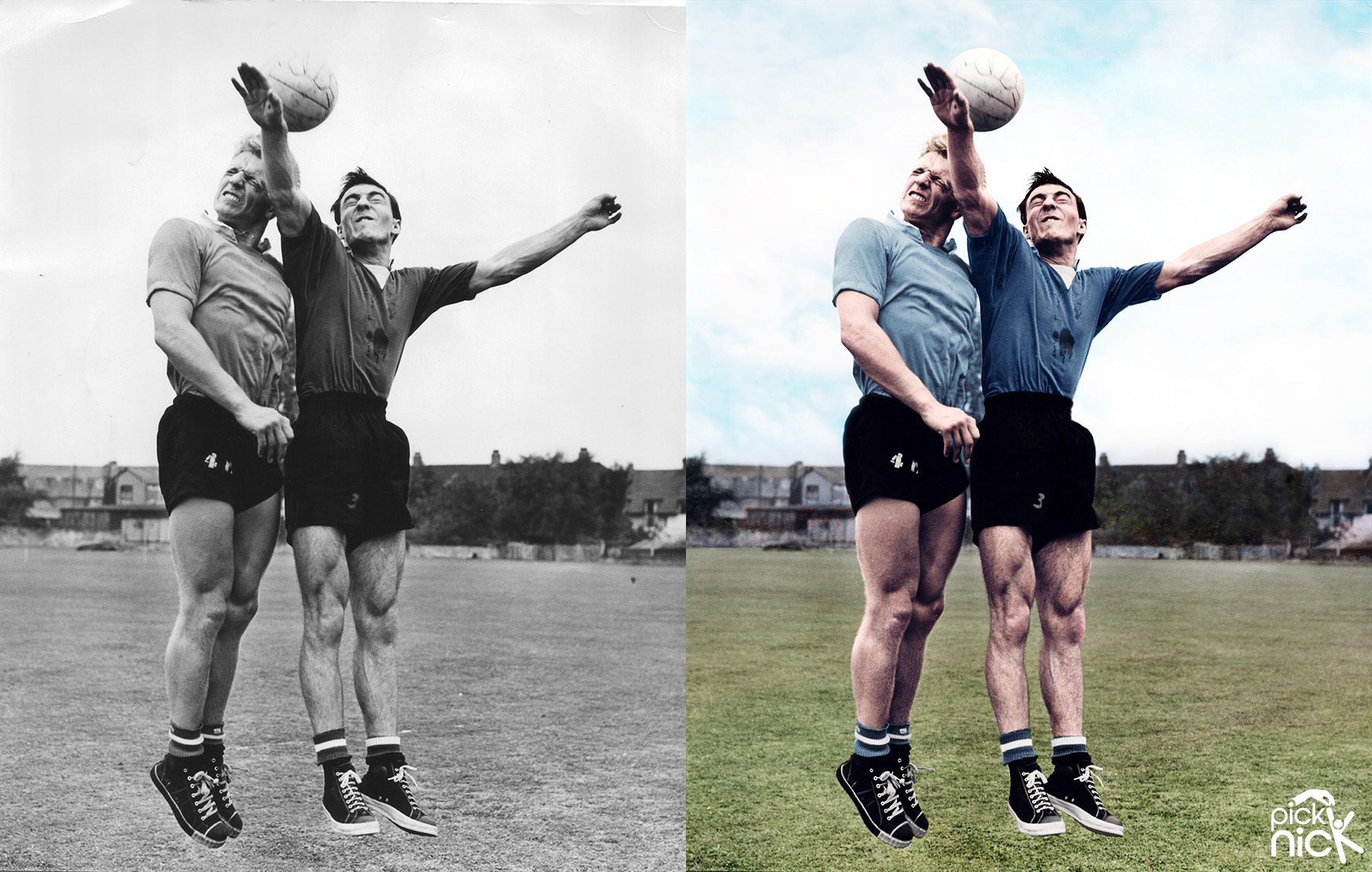 Colourised b&w photo of Anthony Nicholas and Jimmy Greaves training at Chelsea.