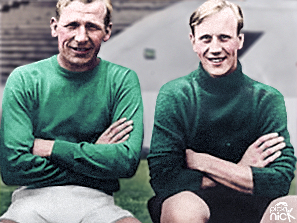 Colourised b&w photo of Bert Trautmann and Roy Dixon, Goalkeepers at Manchester City 
