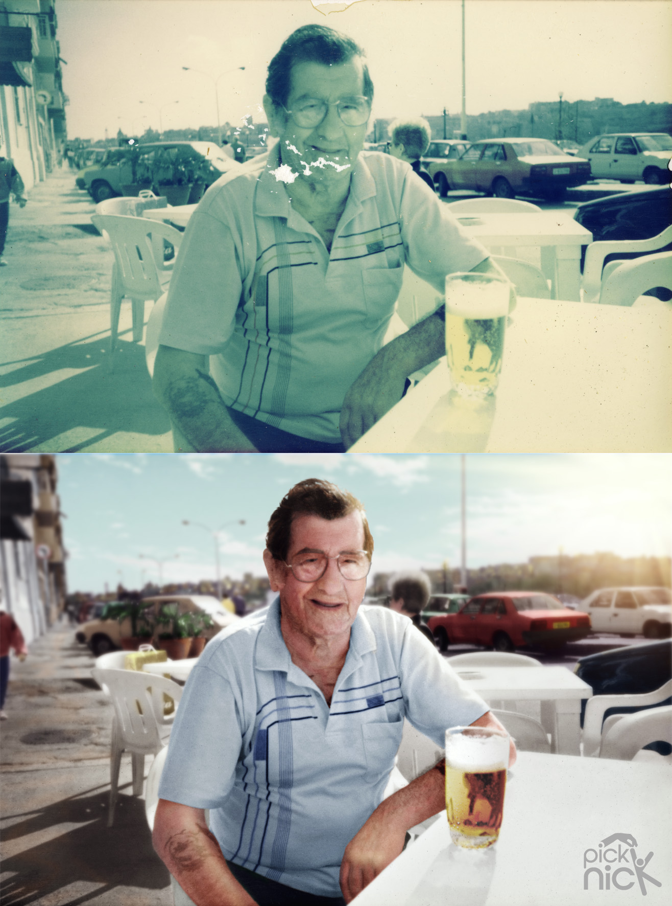 Sun faded photo of man drinking a beer