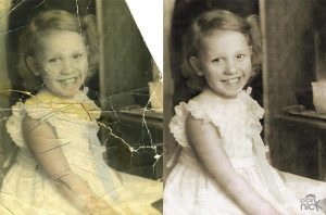 Severley damaged old portrait photo. Showing before and after restoration