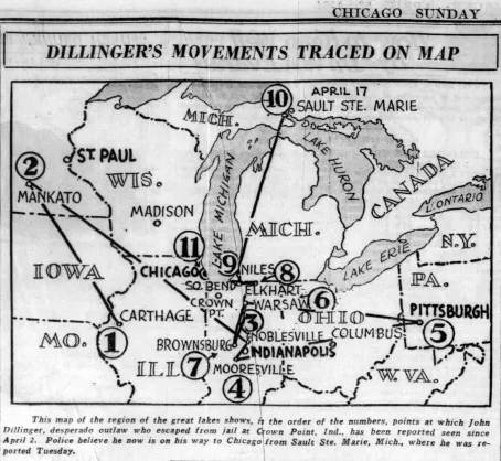 Map of John Dillinger's movements and bank robberies
