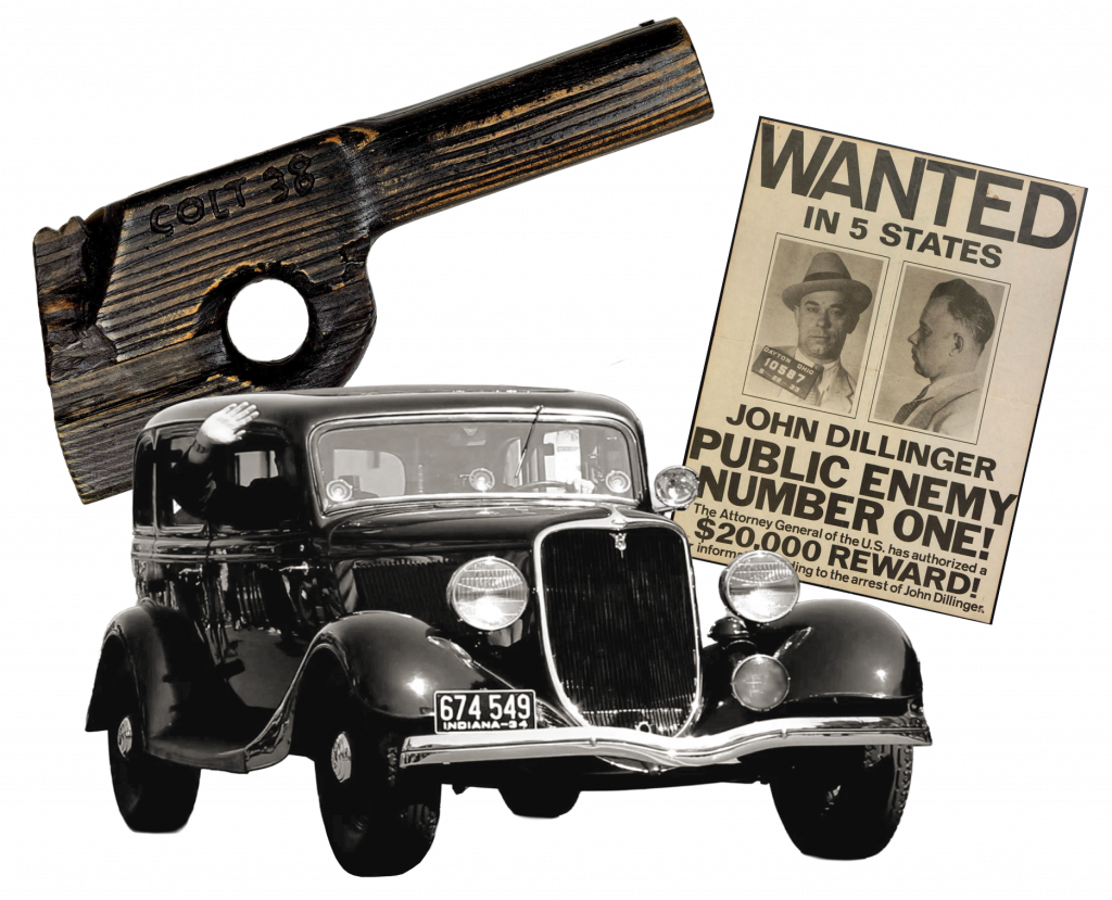 John Dillinger's fake wooden gun, the stolen police car and wanted poster